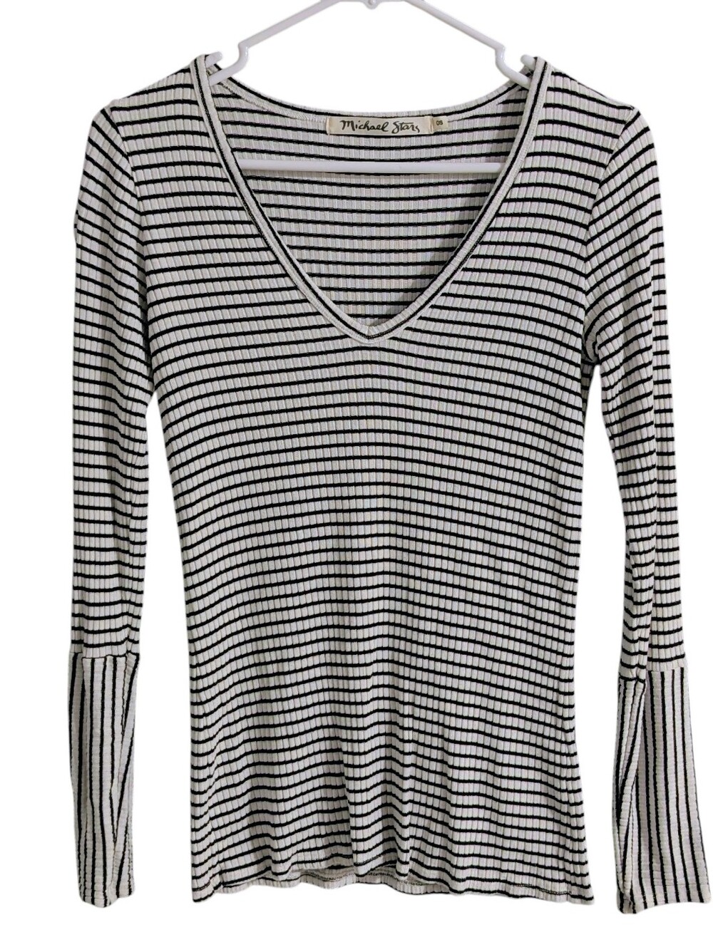 Michael Stars Ribbed Long Sleeve V Neck T Shirt OS